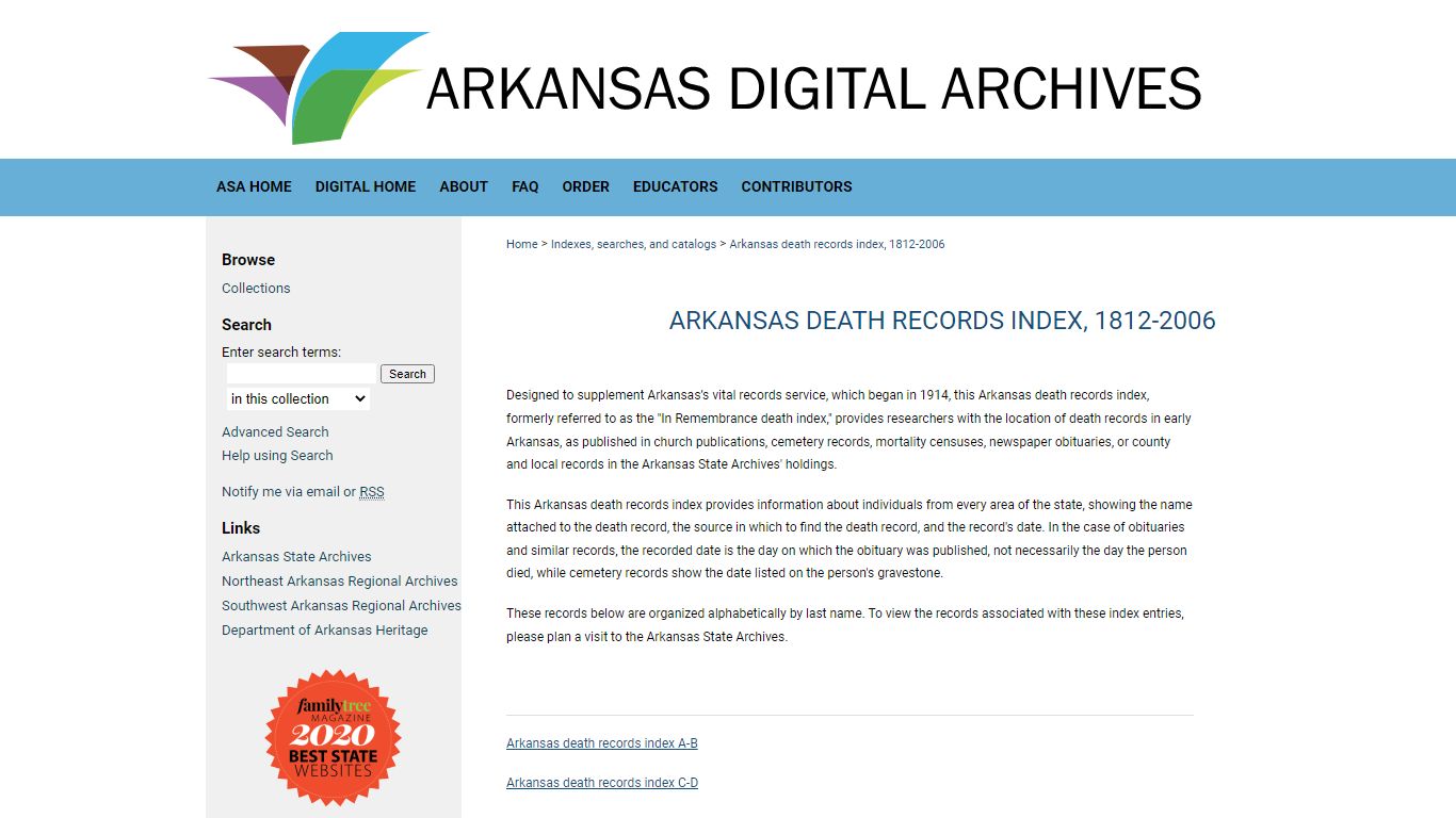 Arkansas death records index, 1812-2006