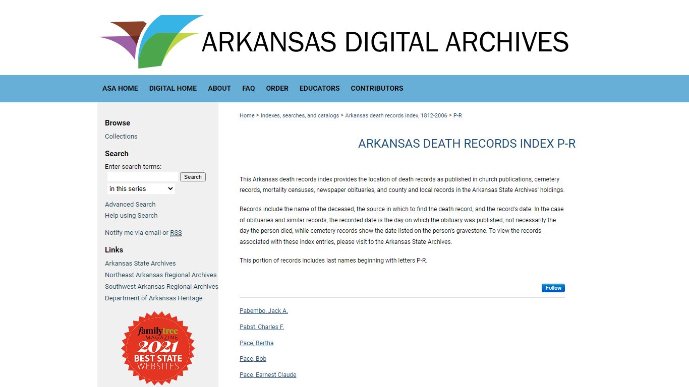 Arkansas death records index P-R